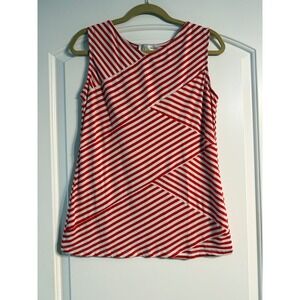 Haani Striped Tank Top Large Red White Asymmetrical Knit Sleeveless Nautical